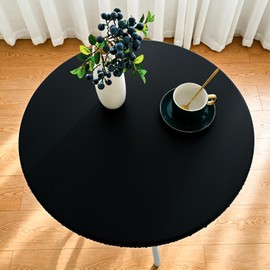 vctops 100% Waterproof Pu Leather Round Table Cloth Cover, Oil Proof Wipeable Elastic Fitted Tablecloth, Windproof Washable Table Protector for Picnic, Camping, Outdoor (Black,55")