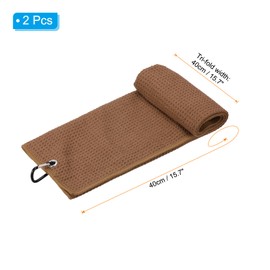PATIKIL 16"x16" Tri-Fold Golf Towels, 2 Pack Waffle Pattern Towels Soft Fiber Strong Water Absorption with D Clip for Golf Lovers, Brown