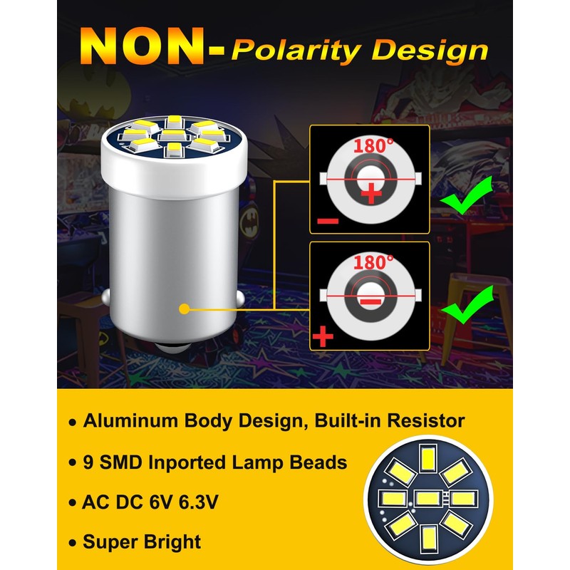 GE44 47 Pinball Machine LED Bulbs BA9S DC/AC 6.3V/6V Coin-operated