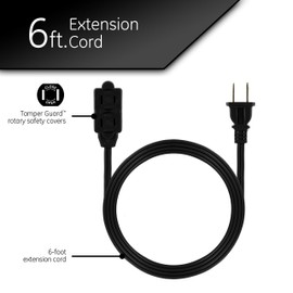 GE 6 Ft Extension Cord, 3 Outlet Power Strip, 2 Prong, 16 Gauge, Twist-to-Close Safety Outlet Covers, Indoor Rated, Perfect for Home, Office or Kitchen, UL Listed, Black, 45148