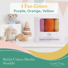 Sweet Acorn Muslin Swaddle Blanket – Soft Cotton Muslin Baby Blanket for Newborns, Infants, and Toddlers, All-Season Comfort Baby Essential - Purple, Orange, Yellow