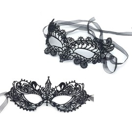 iMapo Masquerade Mask for Women, 2 Pack Mardi Gras Party Lace Masks, Prom Princess Venetian Masks - Black