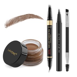 LAVONE Eyebrow Pencil Kit, with 4 Tip Waterproof Microblading Curved Eyebrow Pen, Eyebrow Pomade, Eyeliner and Dual-ended Eyebrow Brush - 01 Soft Brown