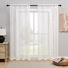 White Leaf Sheer Curtains 90 Inches Long Embroidery Foliage Sheer Curtains for Bedroom Light Filtering Rod Pocket Natural Faux Linen Botanical Floral Voile Crushed Window Drapes, 2 Panels Set, 50x90