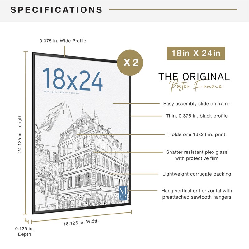 MCS Original Poster Frame 18x24 Black Lightweight Vertical & Horizontal