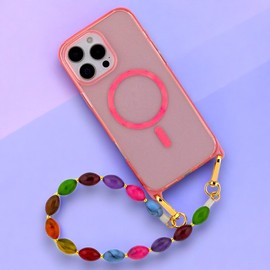 iPhone16 series Transparent Case, Magnetic Translucent Case with Hook Loops for Lanyard Straps (strap not Included), (Pink, iPhone16 Pro-Max)