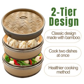 THY Collectibles 2-Tier Bamboo Steamer Basket Set with Stainless Steel Banding – Perfect for Dim Sum, Dumplings, Buns, Seafood & Rice – Ideal for Asian Cooking (Natural, 7-Inch)