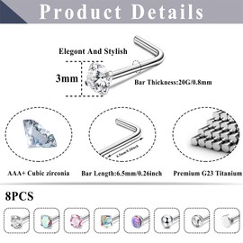 ORAZIO 8Pcs Nose Rings Studs G23 Titanium Nose Ring 20G L Shape Nose Studs for Women Multicolored CZ Titanium Nose Stud Simple Silver Nostril Piercing Cute Nose Piercing Jewerly for Women Men Mix CZ