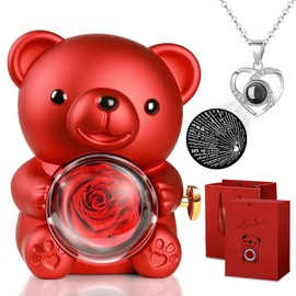 Eternal Rose Teddy Bear Gift Box with I Love You Necklace, Preserved Rose Flowers Surprise Box Roses Teddy Bear Gifts for Women Girlfriend Mother Wife Anniversary, Birthday, Valentine's Day, Mother's