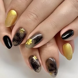 BABALAL Press on Nails Medium Almond Fake Nails Black and Gold Glue on Nails Bling Glitter Acrylic Nails Snowflake Winter False Nails 24Pcs Stiletto Manicure Stick on Nails Glossy Artificial Nails