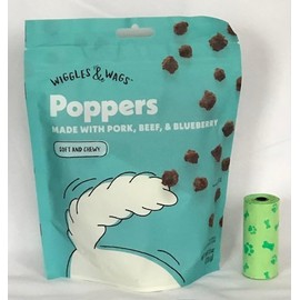 Wiggles & Wags Dog Treats Poppers Soft and Chewy. Made with Pork, Beef & Blueberry. 1-8 oz (226g) Bag, Plus Doggie Waste Bag