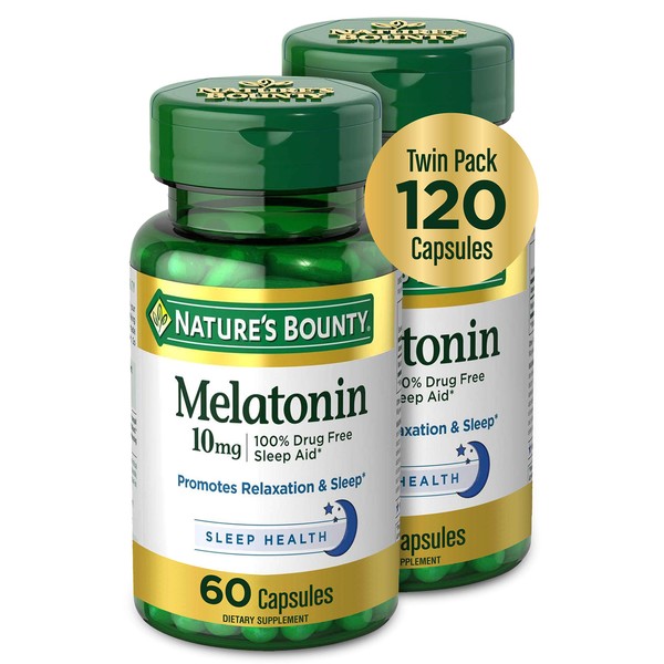 Melatonin by Nature's Bounty, 100% Drug Free Sleep Aid, Dietary Supplement, Promotes Relaxation and Sleep Health, 10mg, 60 Count(Pack of 2)