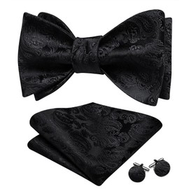Barry.Wang Self Tie Bow Ties for Men Black Bow Tie and Pocket Square Cufflinks Set Paisley Flower Bowtie Wedding Tuxedo