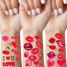 Habett Tattoos for Women and Men, Red Lip Heart Prints Temporary Tattoos Stickers Set, Tattoos for Valentines Decoration Birthday Party Supplies (10 Sheets)