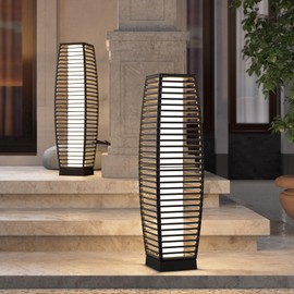 Grand patio 2-Piece Outdoor Floor Lamp Solar Powered Lantern Waterproof Wicker Boho Deck Lights for Garden Porch Decor, Large Crossover