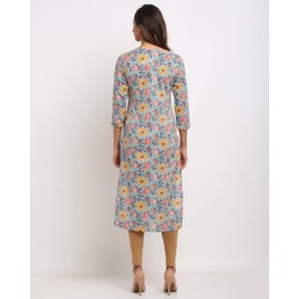 Rajnandini Jaipuri Jaipuri de algodón puro con estampado floral recto (listo para usar; gris y amarillo; pequeño), Gris y amarillo., M