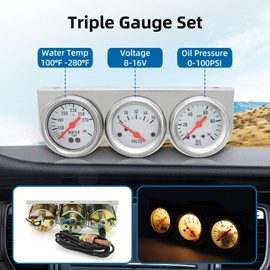 MAIMEIMI 2 inch 52mm Triple Gauge kit with Dashboard, 3 in 1 Car Meter Auto Gauge Set Volt Meter Water Temperature Gauge Oil Pressure Gauge with LED Light for Cars Tractor Trucks (White)