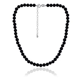 Precious Gemstone 6mm Round Beads Necklace 14" Plus 2" Extender with Sterling Silver Spring Ring Clasp (onyx)