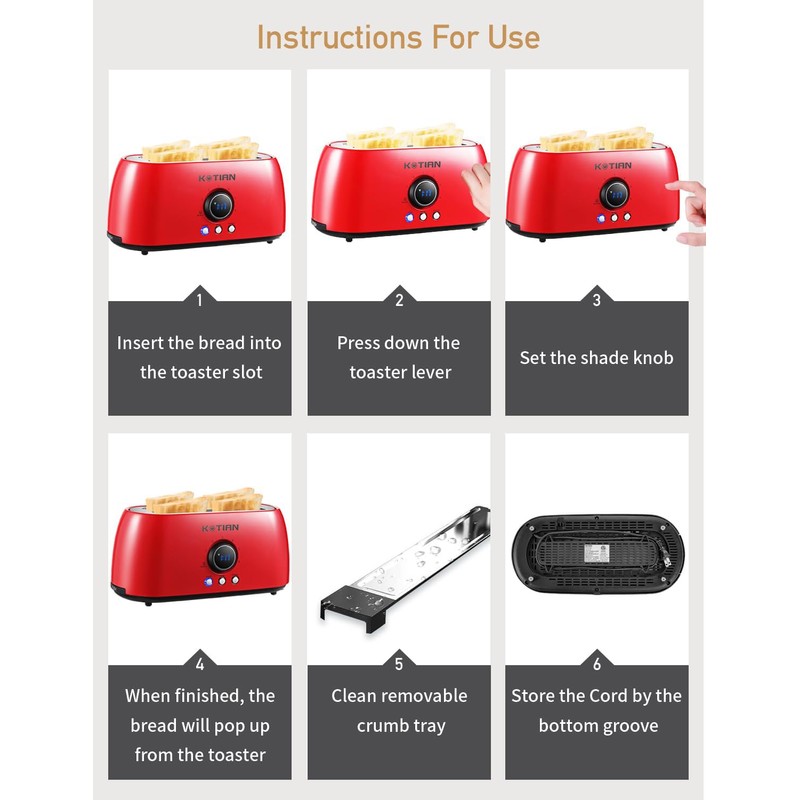 Toaster 4 Slice,KOTIAN Retro Long Slot Toasters with Countdown Timer,Stainless