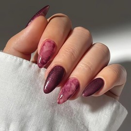Almond Press on Nails Medium Wine Red Fake Nails with Red Marble Design Cute False Nails Deep Red Artificial Nails Glossy Full Cover Acrylic Glue on Nails Almond Stick on Nails for Women Girls 24Pcs