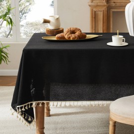 YZJZEDS Linen Tablecloth with Tassels, Farmhouse Style Black Tablecloth, Water Resistant Burlap Tablecloths for Rectangle Table, 52x70 Inch Black