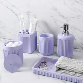 XLHOMO Resin Light Purple Bathroom Accessories Set 5 Pcs, Lotion Soap Dispenser, Toothbrush Holder, Bathroom Tumbler, Qtip Holder and Vanity Tray, Bathroom Countertop Organizer Set for Home Apartment
