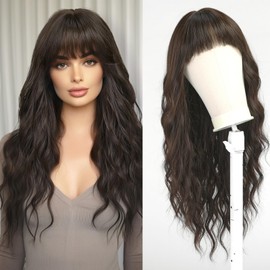 Esmee Long Wavy Black Brown Wig for Women Natural Synthetic Hair Heat Resistant Wigs with Fringe