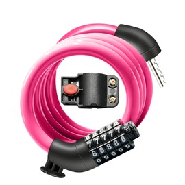 KEYSTP 5-Digit Bike Lock Cable, Heavy Duty Resettable Combination Bicycle Lock, Anti-Theft with Mounting Bracket, Waterproof Steel Cable for Scooters, E-Bikes, Outdoor Use, Pink