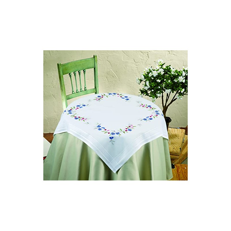DECO-LINE Blue Pansy Printed Tablecloth Embroidery KIT, White, 80 X