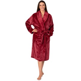 PAVILIA Soft Plush Women Fleece Robe, Burgundy Wine Red Cozy Bathrobe, Female Long Spa Robe, Warm Housecoat, Satin Waffle Trim, S/M
