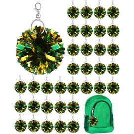 Remuuly 40 Pcs Cheer Pom Pom Keychain Cheerleader Gifts Cheerleading Keyring Charm Foil with Keychain Hooks for Women Accessories (Metallic Green Gold)