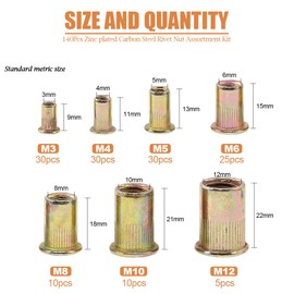 Keadic 140 Pieces Rivet Nut Metric Zinc Plated Carbon Steel Flat Head Threaded Insert Nutsert Assortment Kit - 7 Sizes：M3 M4 M5 M6 M8 M10 M12