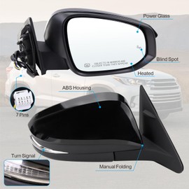 Lqito Right Passenger Side Mirror Compatible With 2014-2019 Toyota Highlander With Manual Folding Power Glass Heated Turn Signal Blind Spot Black Replaces #87910-0E282 TO1321361(7Pins)