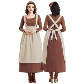 BPURB Women's Pioneer Colonial Dress Pilgrim Costume Civil War Dress Victorian Maid Peasant Costume with Apron, Coffee-beige
