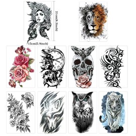 LEIAOLY 50 Sheets Black Temporary Tattoos For Men Adults Ealge Dragon Lion Wolf Animals Fake Small Temporary Tattoos For Women Neck Arm Thigh, Skull Tattoo Sticker For Kids Children Boys Girls Tatoos