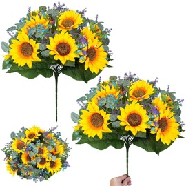 2 Bouquets Large Sunflowers Artificial Flowers Spring Summer Decor, 16 Inch Fake Flowers Silk Faux Sunflower Lavender Baby Breath Arrangement for Table Wedding Home Outdoor Mother's Day Cemetery Decor