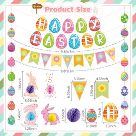 Pre-Strung Easter Decorations Set - Happy Easter Banner Decor with Bunny Hanging Honeycomb,Egg Garlands, Spring Flower Banner,Party Supplies for Home,Office,Window,Mantel,Wall,Classroom Spring Themed