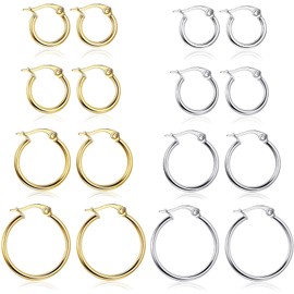 Morfetto Stainless Steel Rounded Small Hoop Earrings Set for Women Cute Huggie Earrings Nickel-Free 10 mm - 20 mm, Stainless Steel