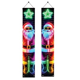 Saoplasa 2PCS Christmas Porch Banner Neon Santa Claus Hanging Decorations for Front Door Holiday Party Wall Decor Colorful Light Style Xmas Welcome Sign Indoor Outdoor Door Banner 71 x 12 Inch