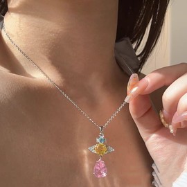 CASOLVX Saturn Planet Necklace Aesthetic Necklace Pink Rhinestone Pendant Necklace Eye Rhinestone Necklace Jewelry for Women (Silver)