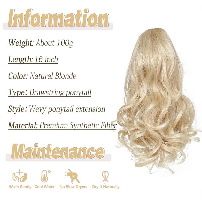 ZERAL Drawstring Ponytail Extension 16 Inches Wavy Curly Ponytail Hair