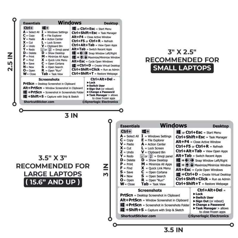 SYNERLOGIC Windows PC shortcuts -durable vinyl sticker size SM for