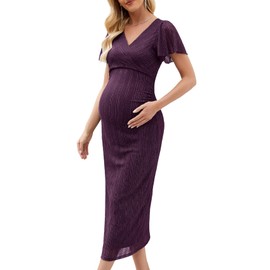 AISWI Maternity Cocktail Dress Sparkly Mesh Wrap Bodycon Baby Shower Wedding Guest Pregnancy Shoot Fall V Neck Formal Short Sleeves, Dark Purple, X-Large
