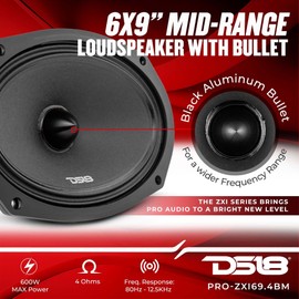 DS18 PRO-ZXI694BM 6 X 9 Inches Pro Audio Mid-Range Loudspeaker with Bullet and Grill 600 Watts 4-Ohm (1 Speaker)