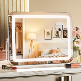 MINISO Vanity Mirror with Lights, 14" x 11" LED Makeup Mirror, Light & Brightness Adjustment, Smart Sensor, 360°Rotation, Aluminum Alloy Metal White Frame, with 5X Magnifying Glass