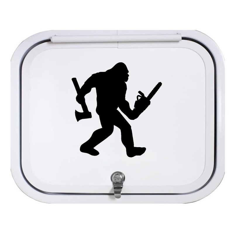 Bigfoot Lumberjack Logger with Axe and Chainsaw Black Decal Sticker