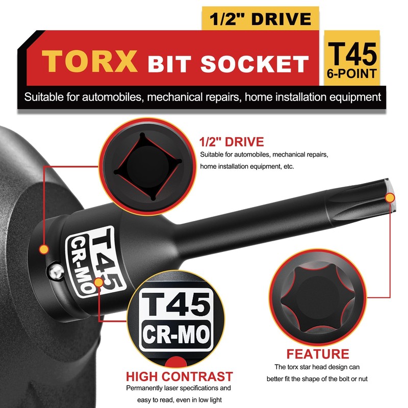 KIRXST T45 Profile Impact Star Socket Bit, 1/2" Torx Profile