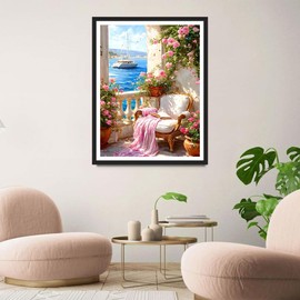 QINRUBB DIY Stool Diamond Painting Adults, 5D Sea View Diamond Painting Pictures Beginners, Colourful Flowers Round Full Drill Diamond Art Kits Embroidery Cross Stitch Gifts Home Wall Decor 30 x 40 cm