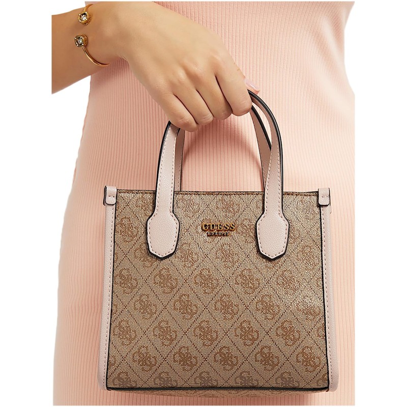 GUESS Womens Silvana Crossbody, Mini Tote, Top Handle, Latte Logo/Rosewood