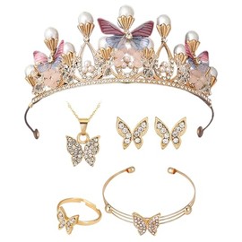 XFSRG Krone Damen Kristall Diadem Schmetterlingsperlen Crown mit Ohrringen Ringen Halsketten und Armbändern für Hochzeiten Jubiläen und Geburtstage (Rosa)